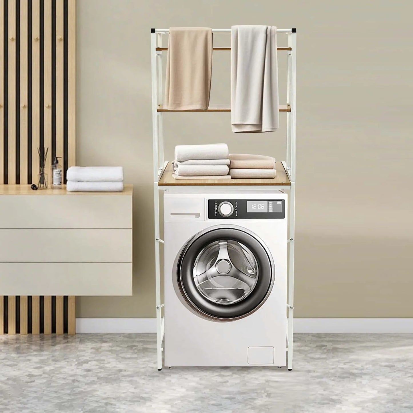 3 Tiers Washing Machine Shelving,  Washer and Dryer Standing Storage Rack Bathroom Organizer Shelf for Laundry Rooms, Balconies