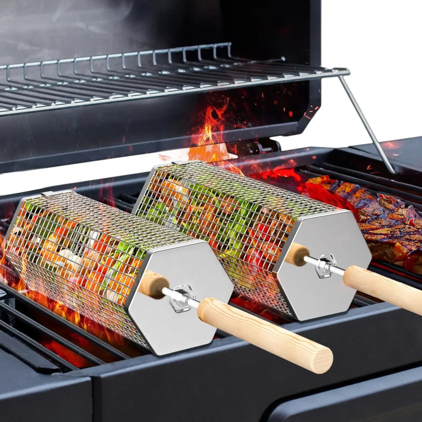 ivtivfu Rolling Grill Baskets 2PCS with Removable Wooden Handles Nesting Design 304 Stainless Steel BBQ Accessories for Vegetables Shrimp Outdoor Camping Kitchen Birthday Gifts for Men Dad Husband - Food