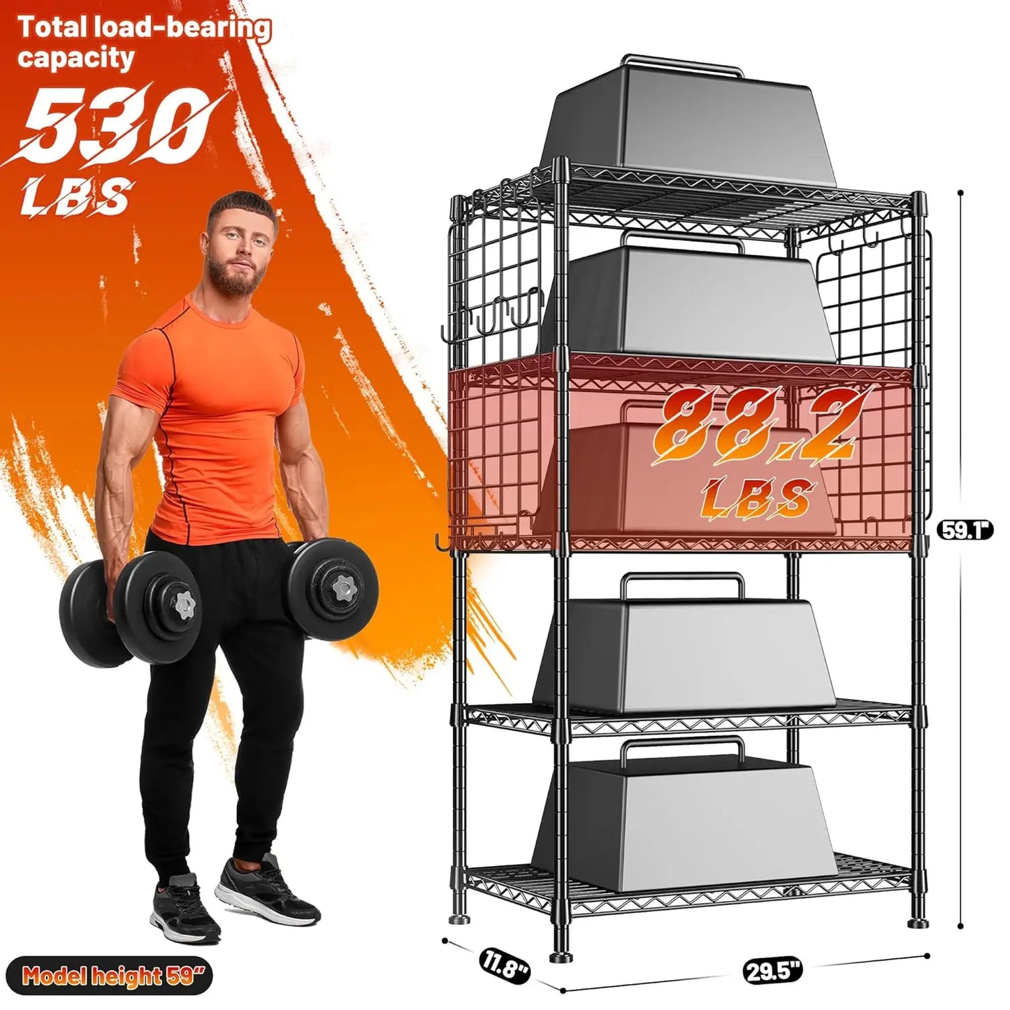 5 Tier Metal Shelving with Side Hanging Net Hooks, Adjustable Storage Shelves,530LBS Wire Shelving for Kitchen,Customized