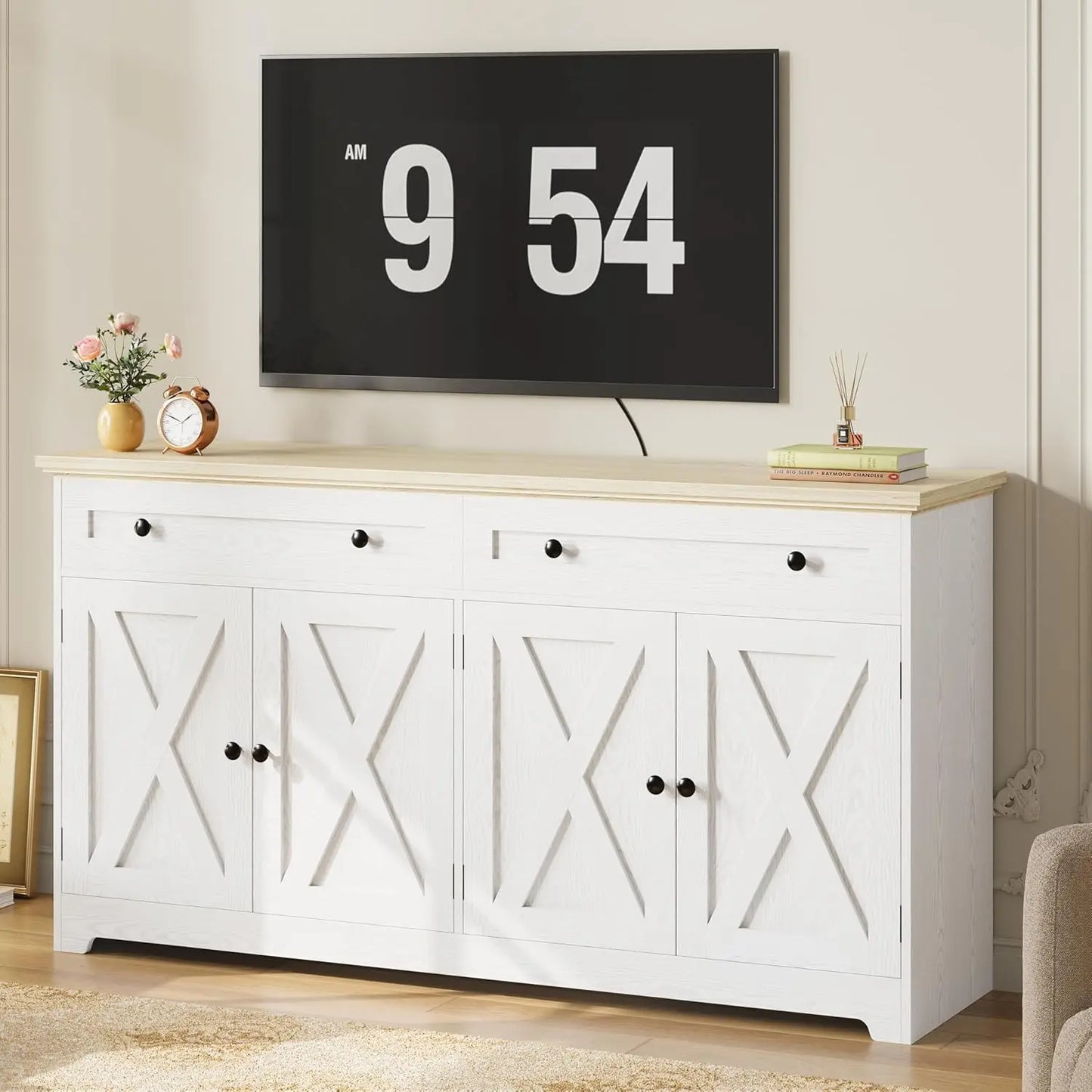 IRONCK Buffet Cabinet with Storage, Sideboard Storage Cabinet,  Natural Wood, Kitchen Cabinet with Drawers & Doors, White