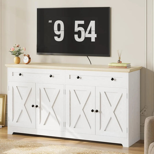 IRONCK Buffet Cabinet with Storage, Sideboard Storage Cabinet,  Natural Wood, Kitchen Cabinet with Drawers & Doors, White