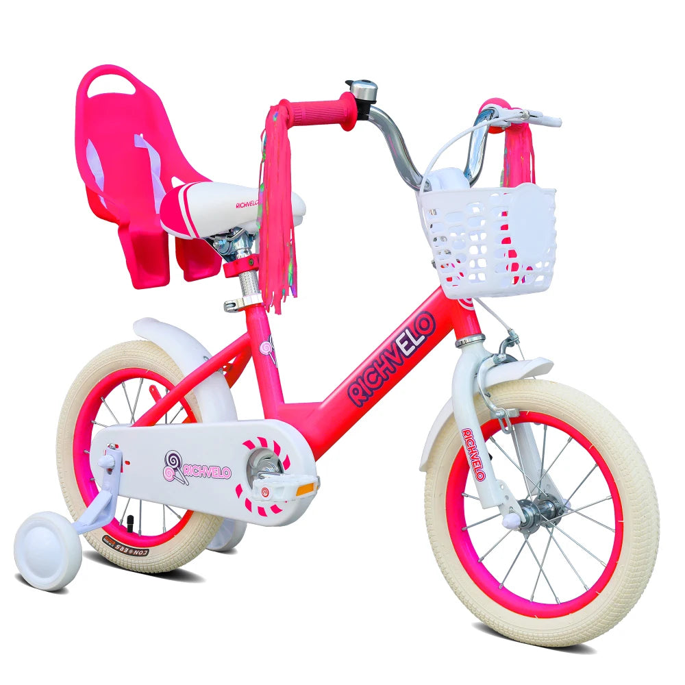 Kids Bike for Girls 12 14 16 Inch with Training Wheels, Adjustable Seat, Front Basket, Doll Seat & Colorful Streamers, Toddler Bicycle for 2-7 Years Old, Red Kids' Bikes for Birthday Gift