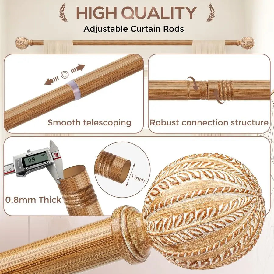Curtain Rod for Windows 66 to 120 Inch, 1 Diameter Adjustable Heavy Duty Rustic Farmhouse Drapery Rods with Boho Imitation Woode