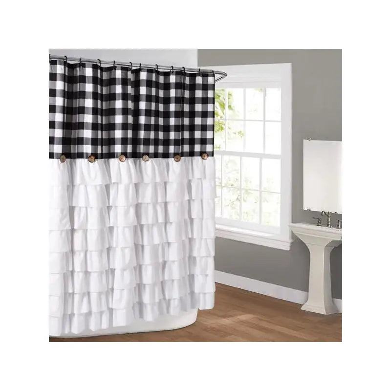 Farmhouse Buffalo Check Shower Curtain with Coconut Buttons