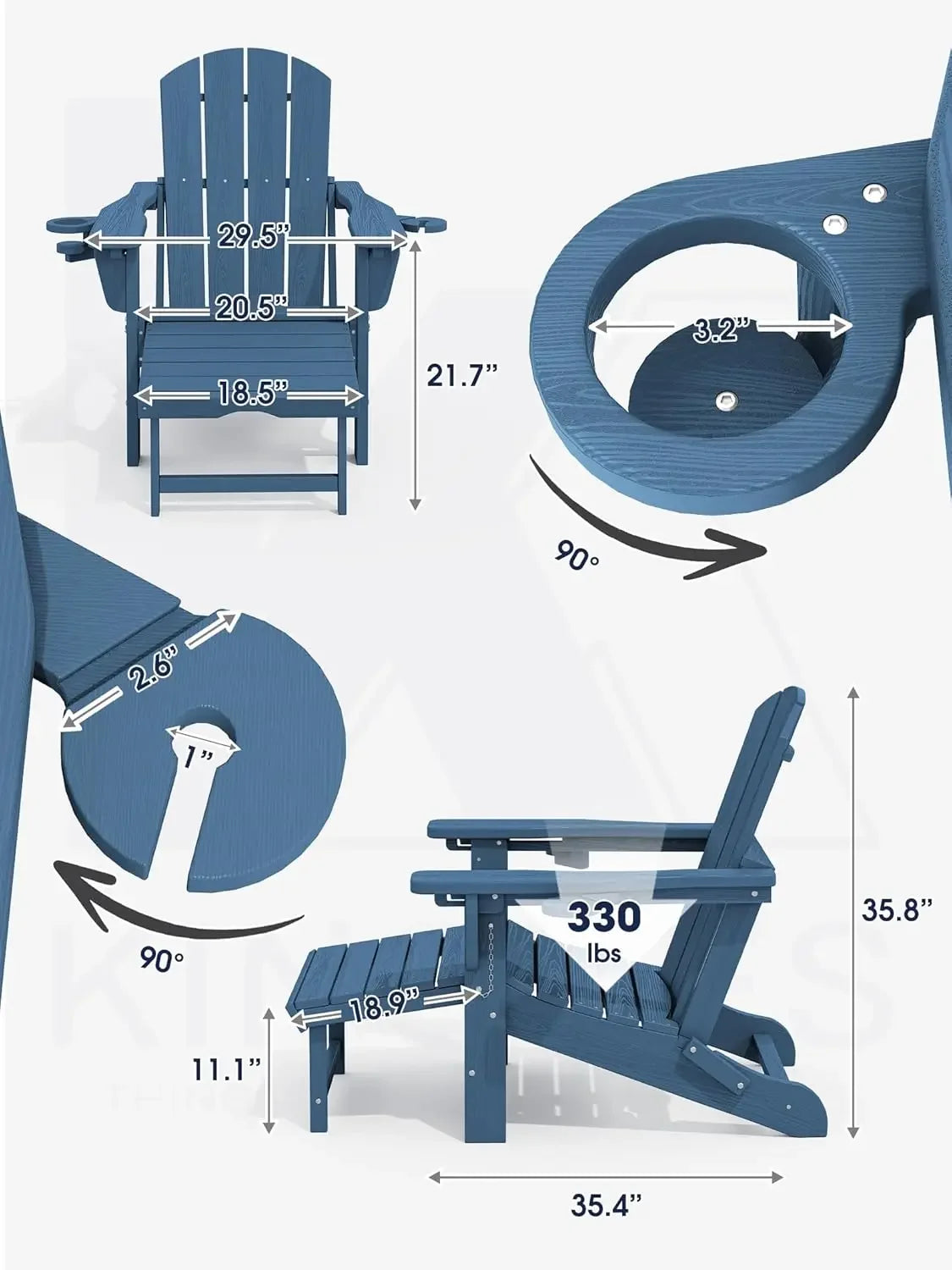 Folding Adjustable Adirondack Chairs with Ottoman & 2 Cup Holders Set of 2, HDEP Multifunctional Adirondack Chair with Footrest