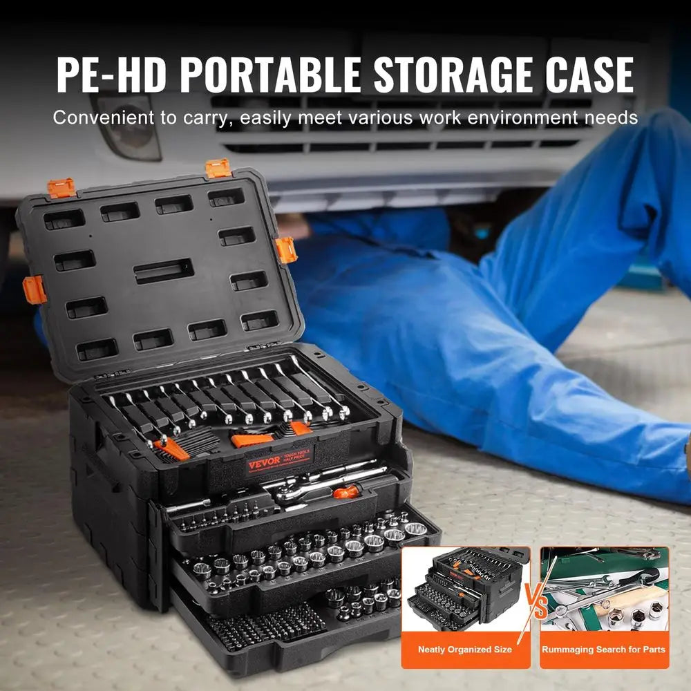 Mechanics Tool Set and Socket Set, 1 4 3 8 1 2 Drive Deep and Standard Sockets, 450 Pcs SAE and Metric Mechanic Tool Kit with B