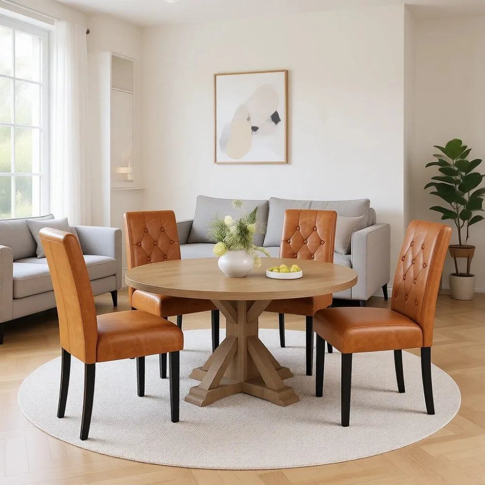 Set of 4 Modern Faux Leather Dining Chairs with Solid Wood Legs and Button Tufted Padding for Home Kitchen, Retro Brown