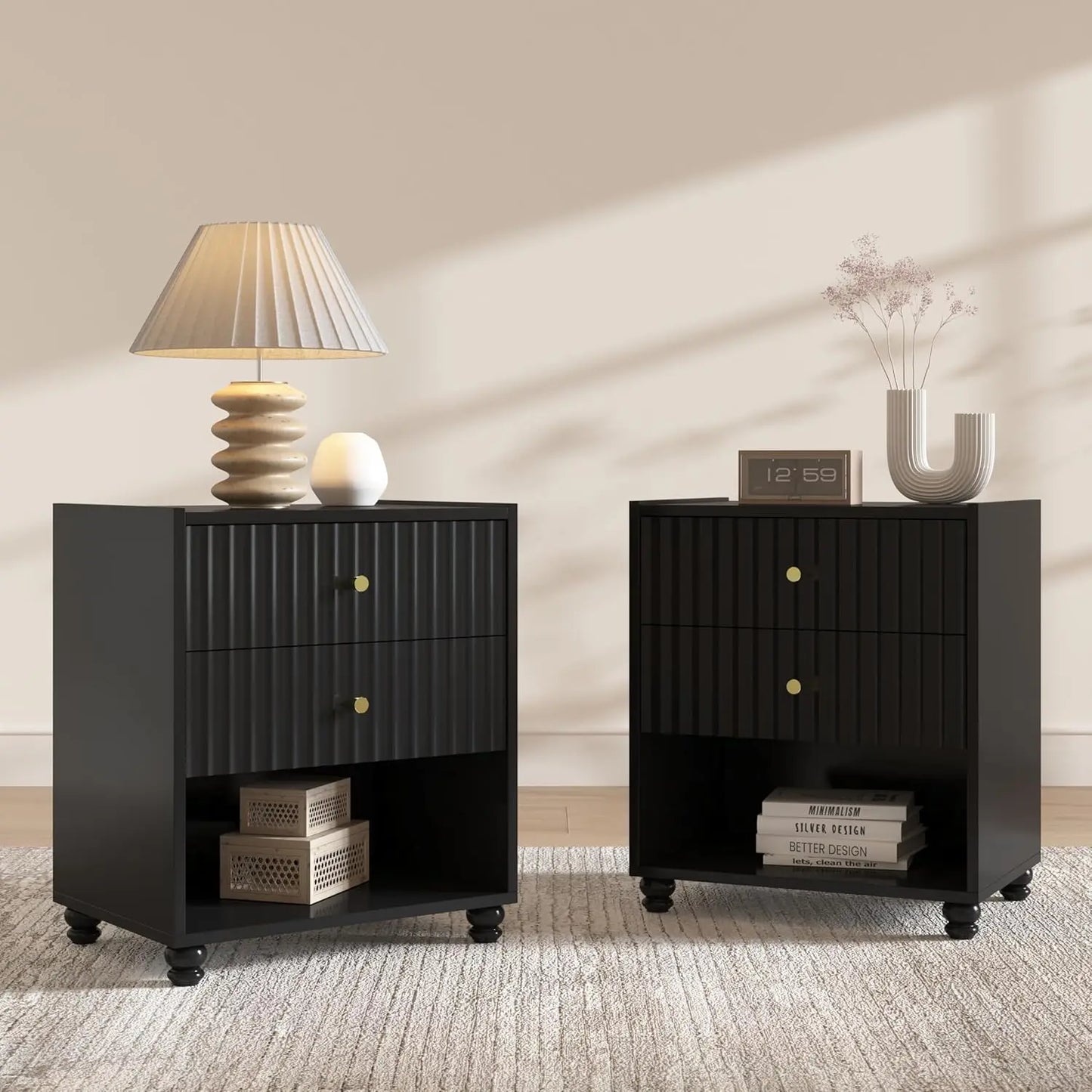 Modern Nightstand Set of 2, Fluted End Table with Open Shelf, Night Stand with 2 Drawers for Bedroom (Green), Customized