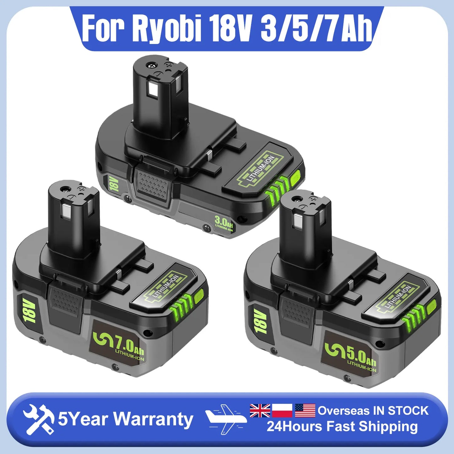 18V Li-ion Battery For RYOBI One+ (P108/P107/P104) 3Ah/5Ah/7Ah Options EU/UK/USA Stock Compatible With For RB18L50/RB18L20