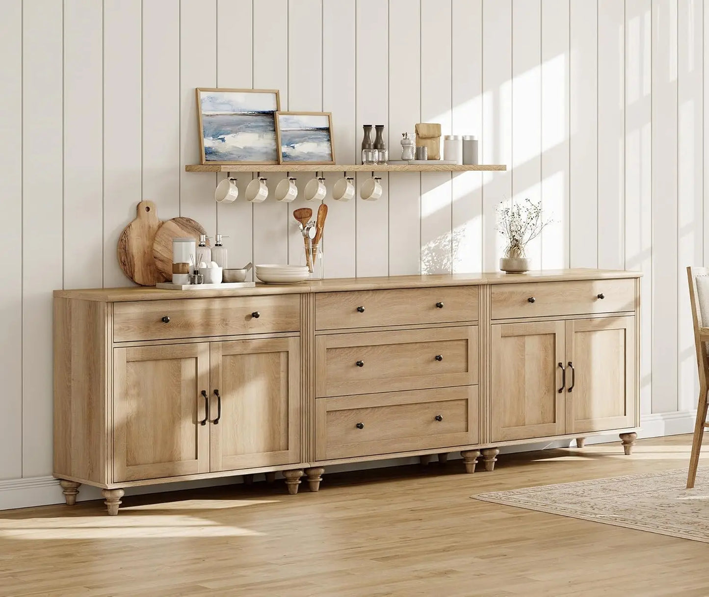 Sideboard Cabinet with 5 Drawers and 4 Doors, Vintage Wood Grain Design, Buffet Cabinet with Storage, Coffee Bar, Customized