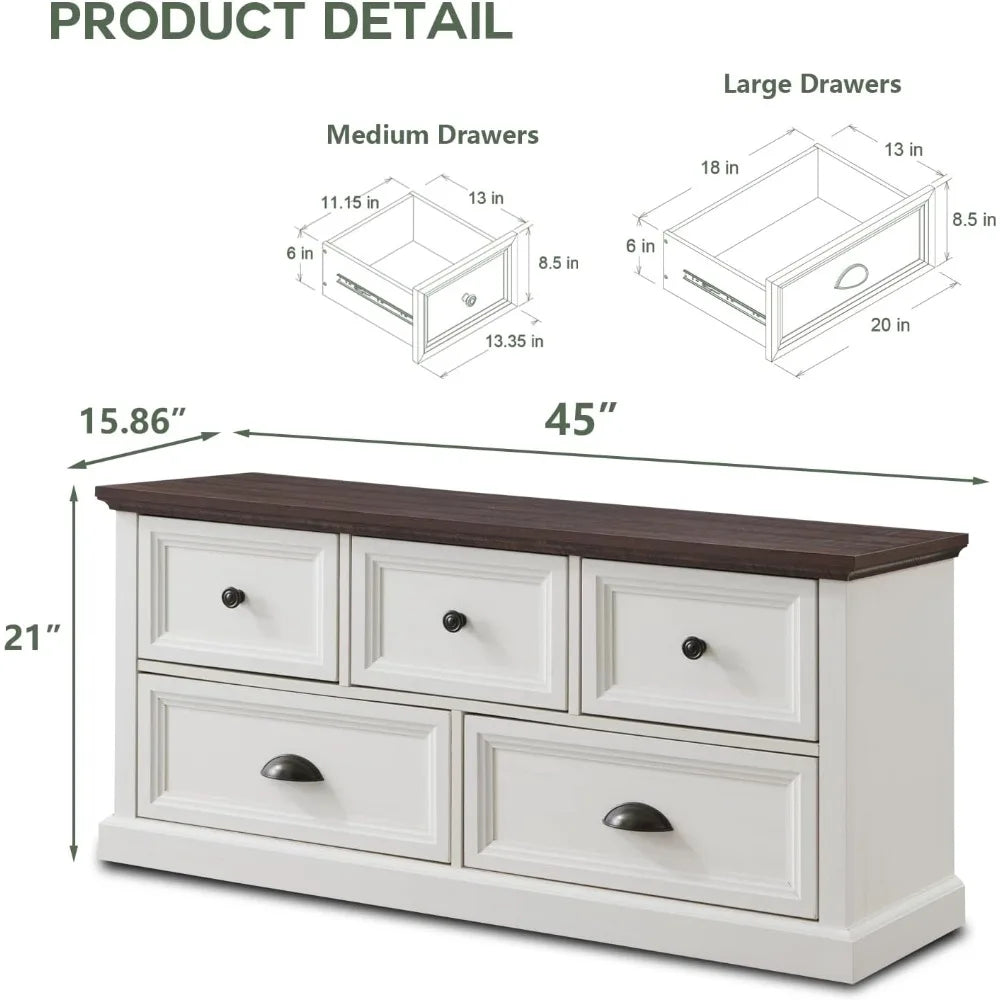 Farmhouse 5 Drawers Dresser for Bedroom, 45 Wide Chest of Drawers, 21 Tall Storage Closet Bench Storage Chest Storage Trunk