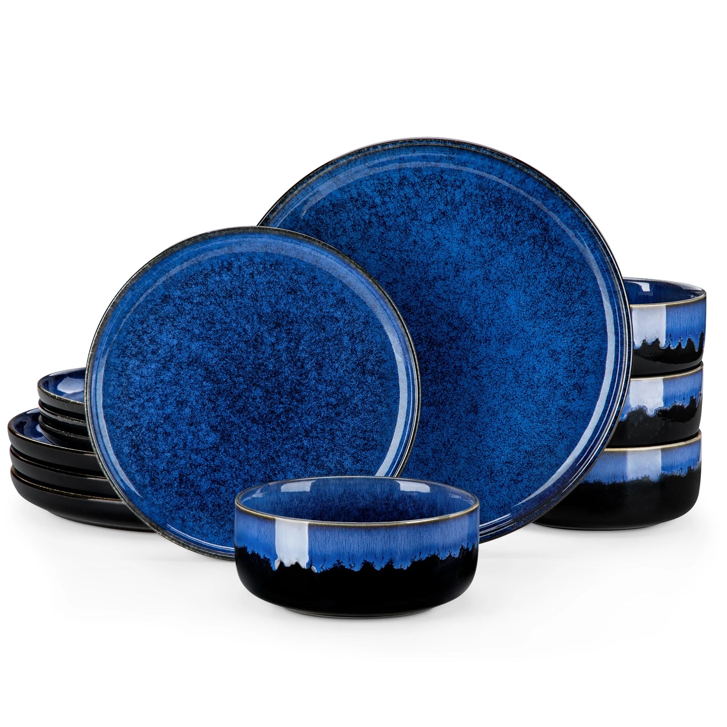 vancasso 12/24 PCS Starry Blue Reactive Glaze Stoneware Dinnerware Sets Ceramic Plates Set with 4 pcs Dinner Plate/Dessert/Bowl
