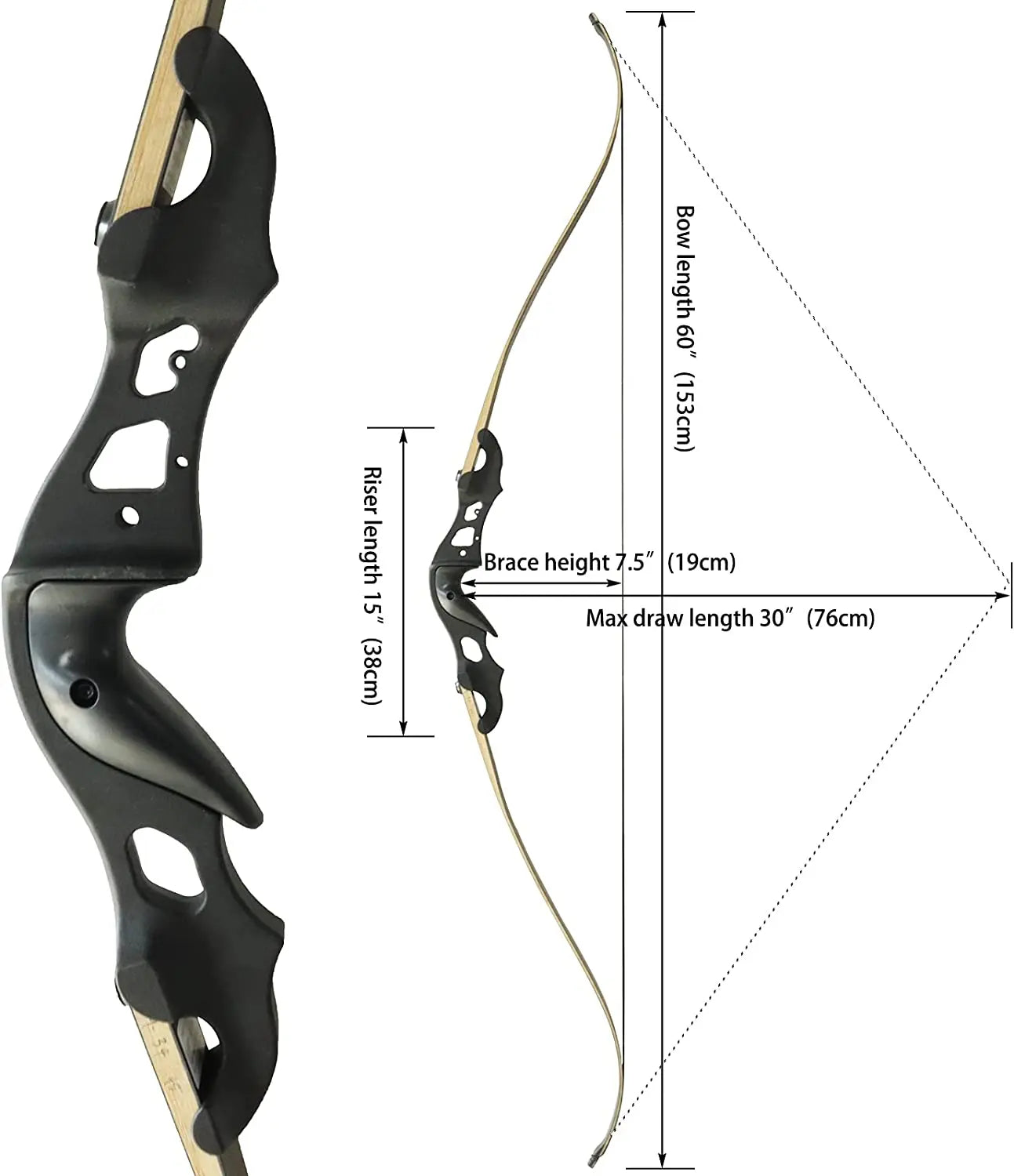 60" Adult Recurve Bow 25-50lbs Black Hunter Aluminium Riser Right Hand Archery Set Hunting Target Shooting Equipment
