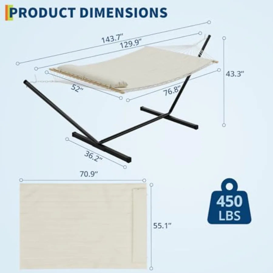 Double Hammock with Stand Heavy-Duty Rope Hammock for Outdoor and Indoor Use, Beige, 350 lbs Capacity, Includes Comfort Pad Pil