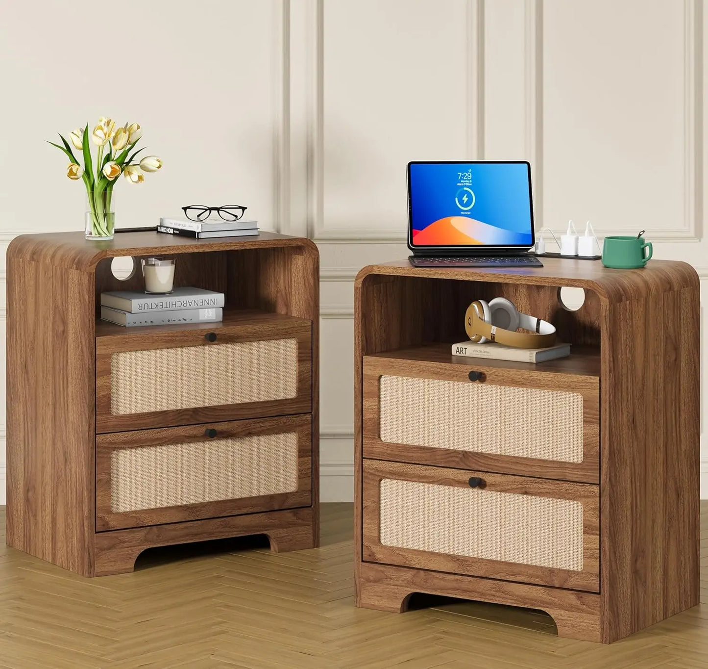 Set of 2 Night Stand with Charging Station, 19.7" Wooden Side Table Curved Nightstands with 2 Drawers & USB/Type-C, Customized