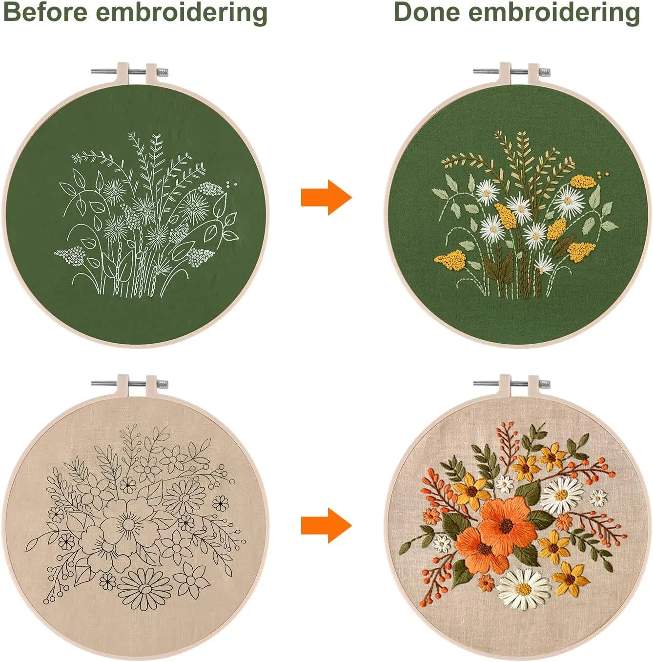 2 Sets Full Range Embroidery Starter Kit with Floral Pattern, Hoops, Scissors for Cross Stitch