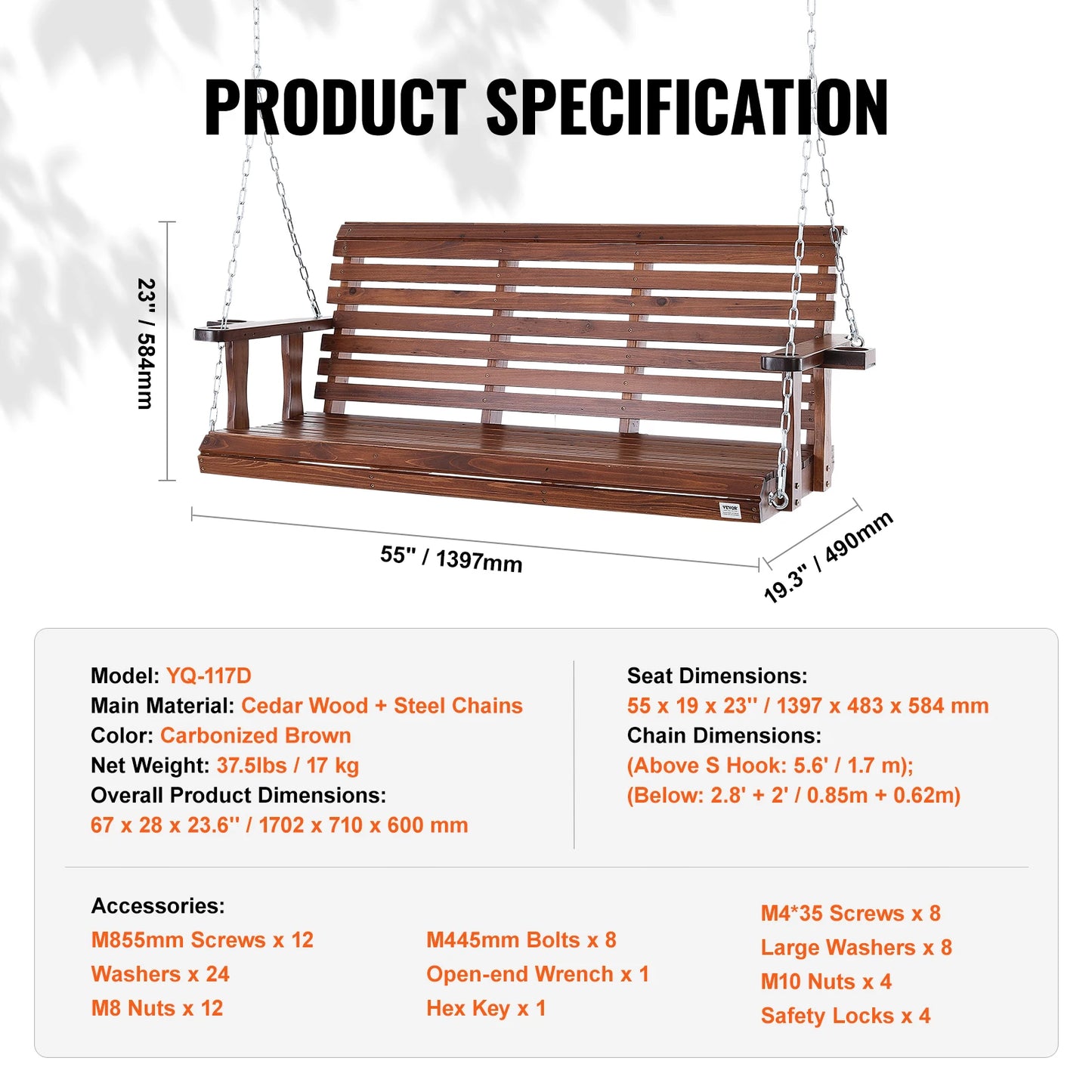 SucceBuy Wooden Porch Swing 5 ft Patio bench swing for Courtyard Garden Upgraded 880 lbs Strong Load Capacity Swing Chair Bench