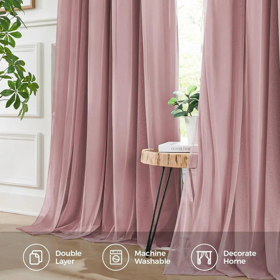 Blackout Curtains for Bedroom, Double Layer Pink Curtains, Black Out Curtain 84 inch Long with Sheer Overlay for Living Room, Ro