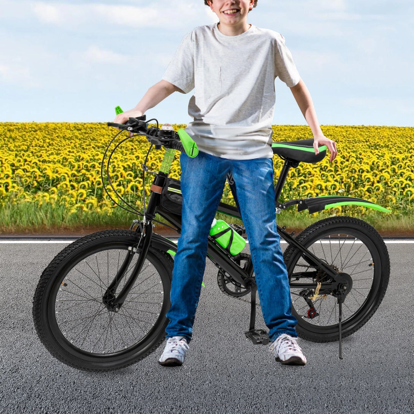 20 Inch Kids Mountain Bike 7 Speed Boys Girls Bicycle Dual Brakes Adjustable Seat 85kg Capacity with Water Bottle Bag for Ages 6-12 Red/Green