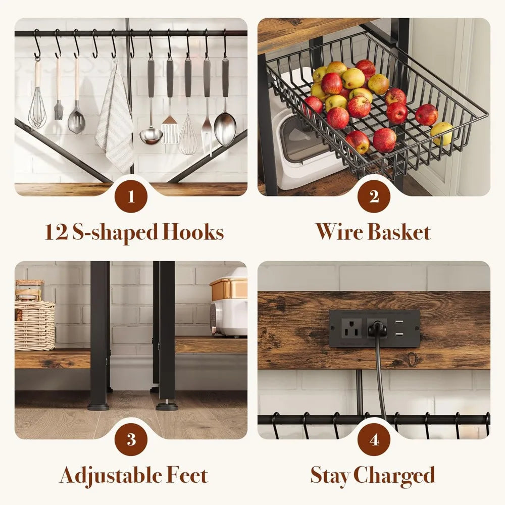 Kitchen Bakers Rack with Storage, 6-Tier Coffee Bar Station with Power Outlet, Microwave Stand with 12 S-Shaped Hooks, Open Kitc
