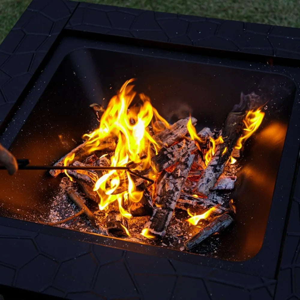 Panovue 32 Inch Square Metal Fire Pit Table - Multifunctional Outdoor Stove for Patio Backyard Garden Camping Heating Bonfire