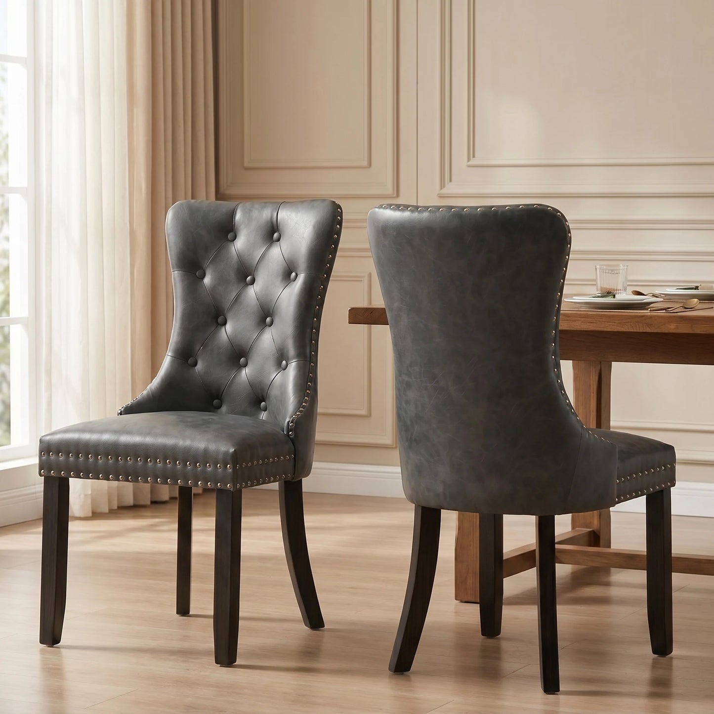 Set of 2 Tufted Faux Leather Dining Chairs with Nailhead Trim, Upholstered Side Chairs