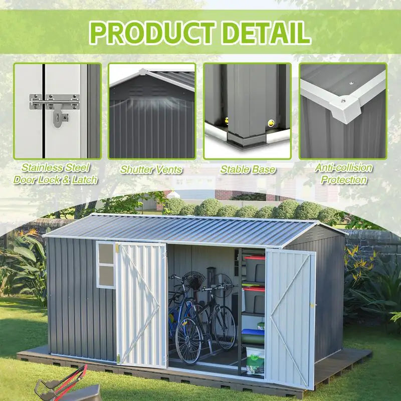 XL Heavy-Duty Steel Storage Shed 8x12 Ft with Window, Hinged Gray Doors & 4 Vents for Backyard, Garden, Patio, Durable &