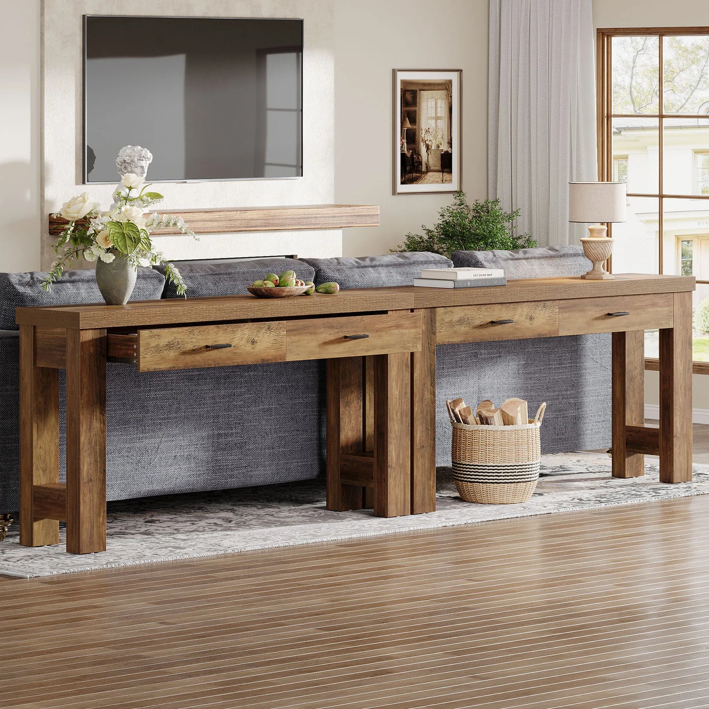 Tribesigns 63" Console Table with 2 Drawers, Farmhouse Entryway Table with H-Shaped Sturdy Legs for Hallway, Living Room, Brown