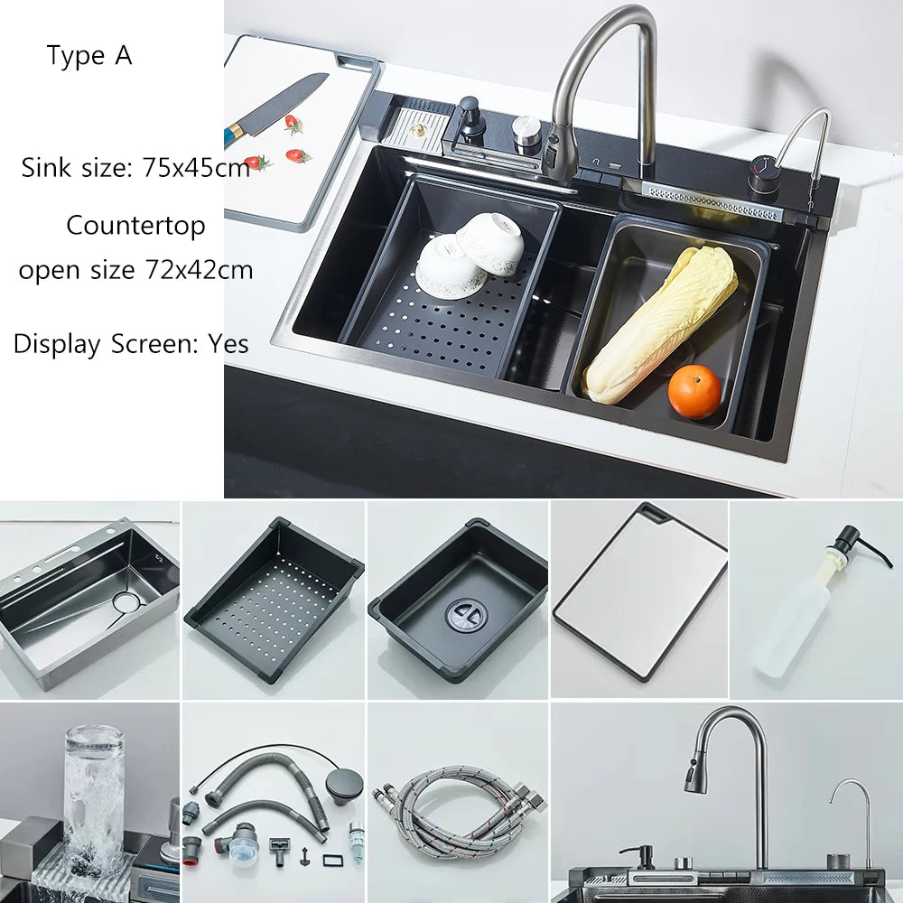 Brushed Golden Smart Digital Display Integrated Kitchen Sink Set Waterfall/Rainfall Water Purifier Soap Dispenser Cup Washer