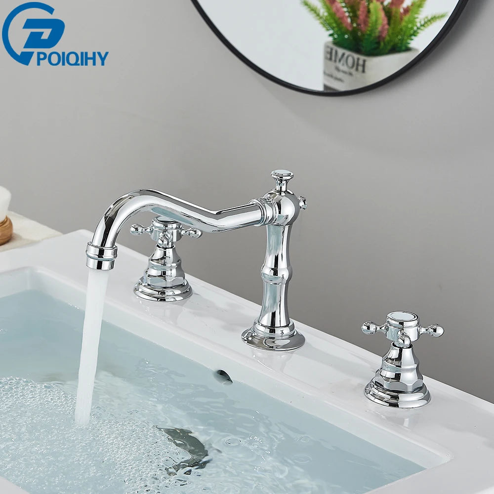 POIQIHY Antique Brass Bathtub Mixer Taps 3 pcs Basin Faucet Dual Handles Hot and Cold Tap Wall Mounted Basin Faucet