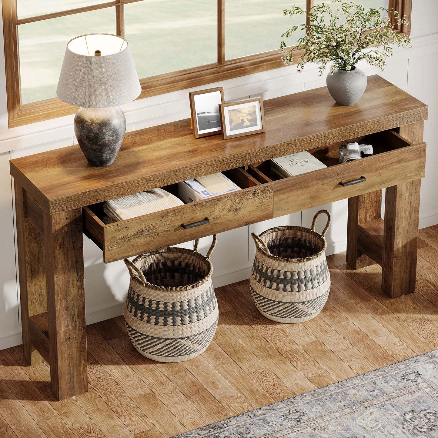 Tribesigns 63" Console Table with 2 Drawers, Farmhouse Entryway Table with H-Shaped Sturdy Legs for Hallway, Living Room, Brown