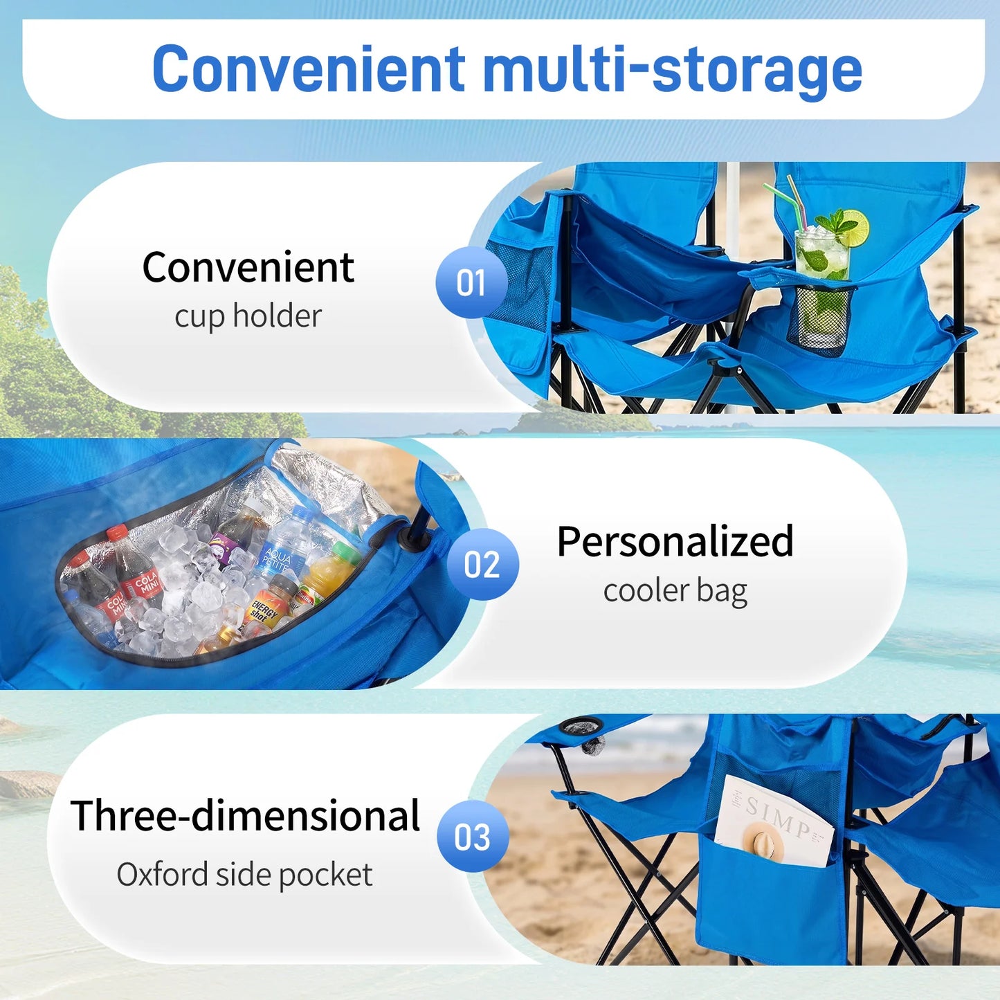 55.91"*19.69"*31.50"Double Folding Beach Chair with Removable Adjustable Umbrella, 2-Person XL Camping Chair with Cooler Bag, Cup Holders, Side Pocket, Heavy Duty 529 lbs Load, Oxford Cloth Iron Frame for Outdoor, Beach, Camp