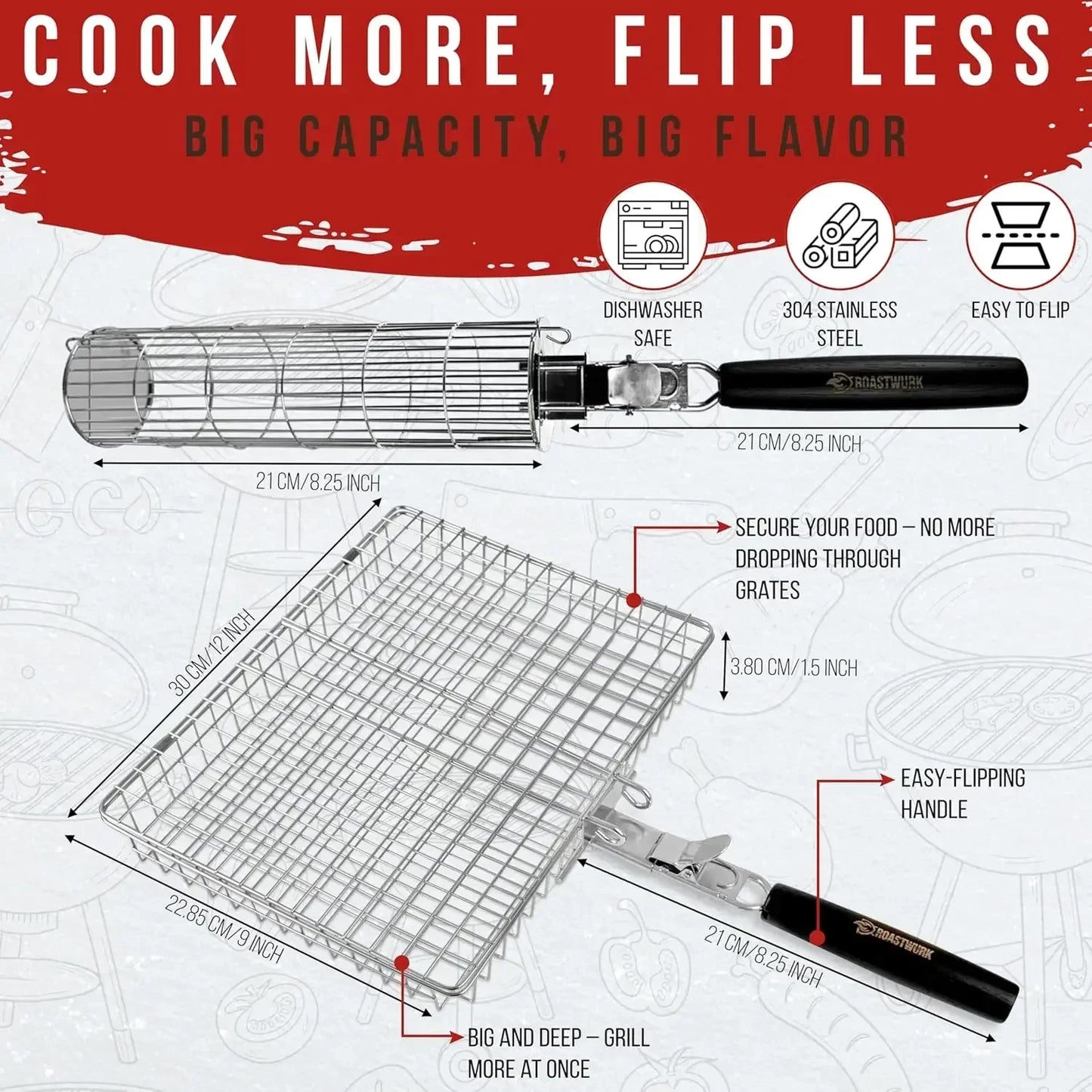 2-in-1 BBQ Grill Basket Set - Stainless Steel 304 for Meat, Fish, Vegetables - Removable Wooden Handle, Outdoor Camping & Tailgating