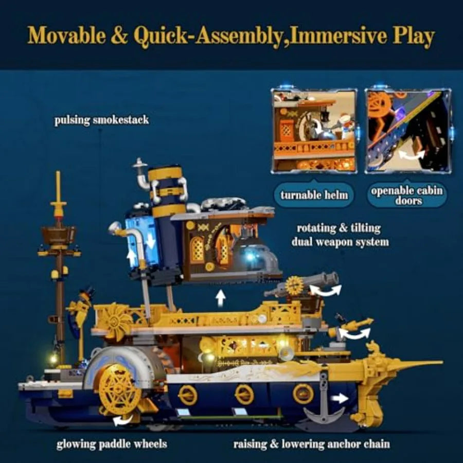 Steampunk Steamship Lighting Building Bricks Set - 1792 Pcs Pirate Ship Destroyer Playset with Minifigures for Adults Teens Ste