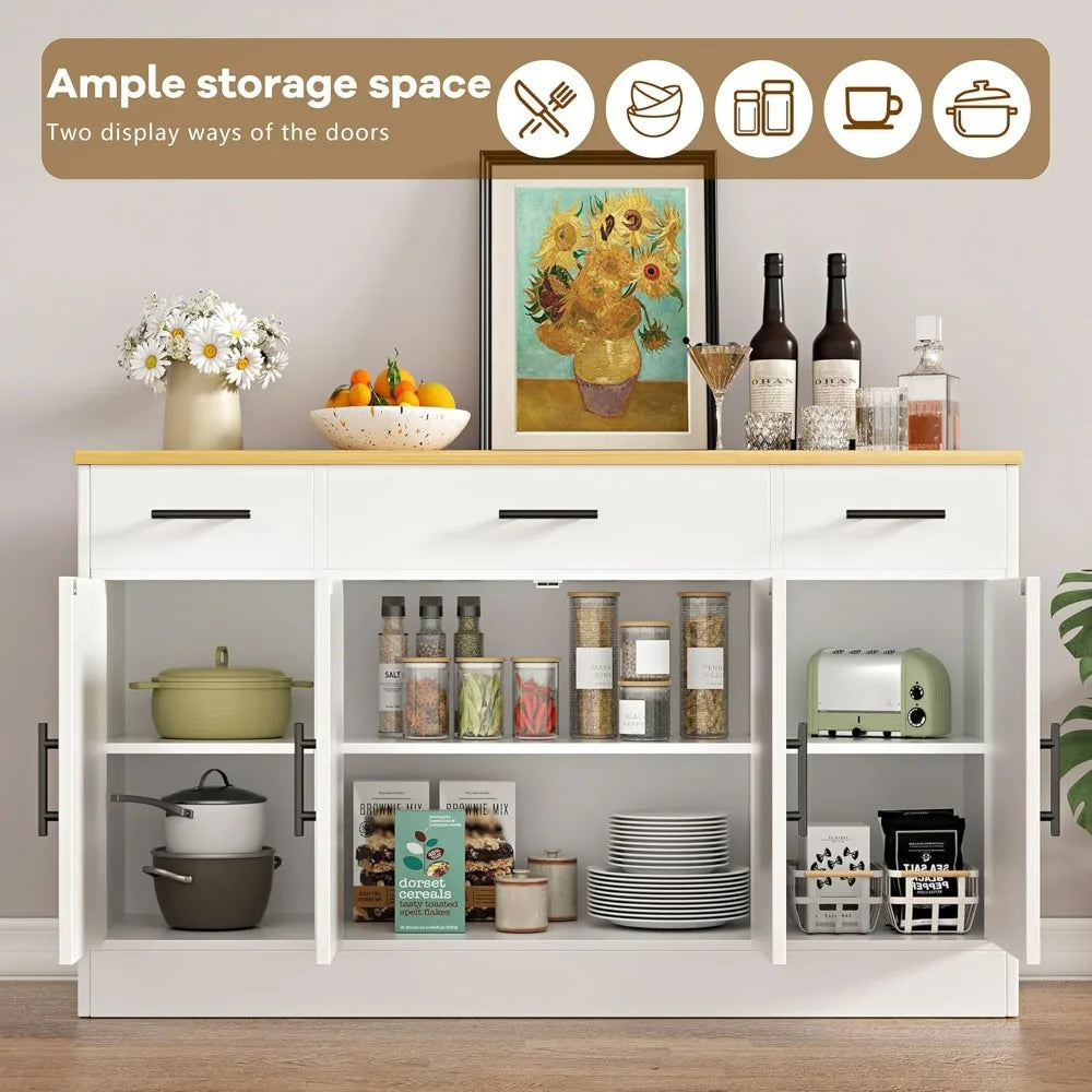 Vongrasig Farmhouse Buffet Cabinet Drawers Adjustable Shelves Large Sideboard Kitchen Dining Room Storage White