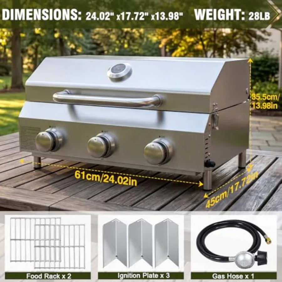 3-Burner Tabletop Gas Grill 30 000 BTU Portable Propane Grill with Heavy-Duty Thickened Stainless Steel Grates and Stainless St