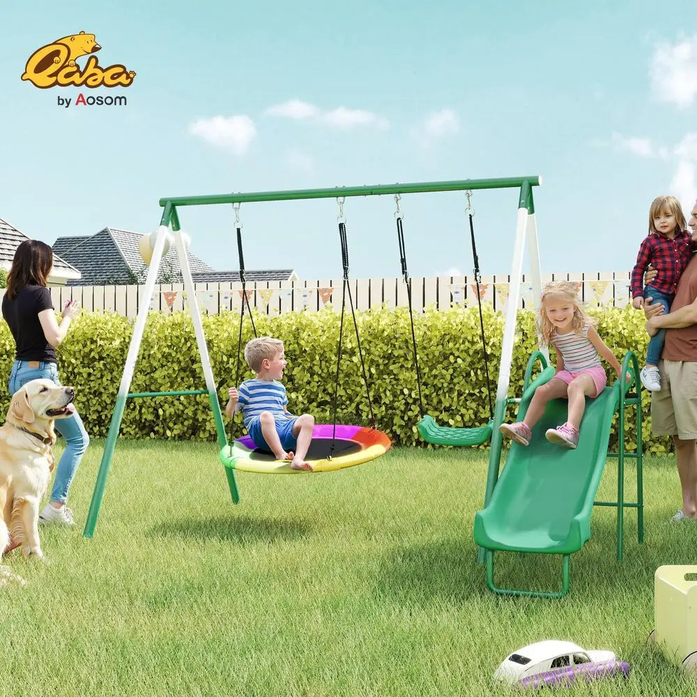 Swing Set for Backyard with Adjustable Seat and Saucer Swing, 5 Slide, Heavy Duty AFrame Metal Stand Outdoor Playground Playset