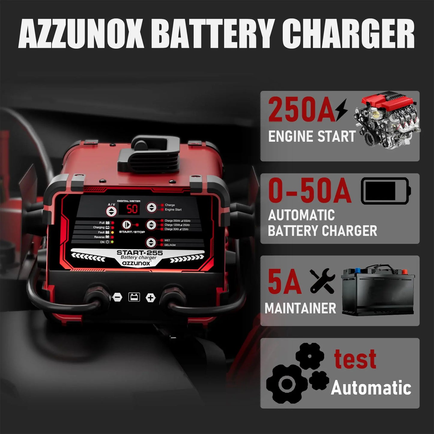 Professional 50-Amp Battery Charger 12V /24V Automotive Charger 250 Cranking Amps Trickle Charger Smart Battery Maintainer