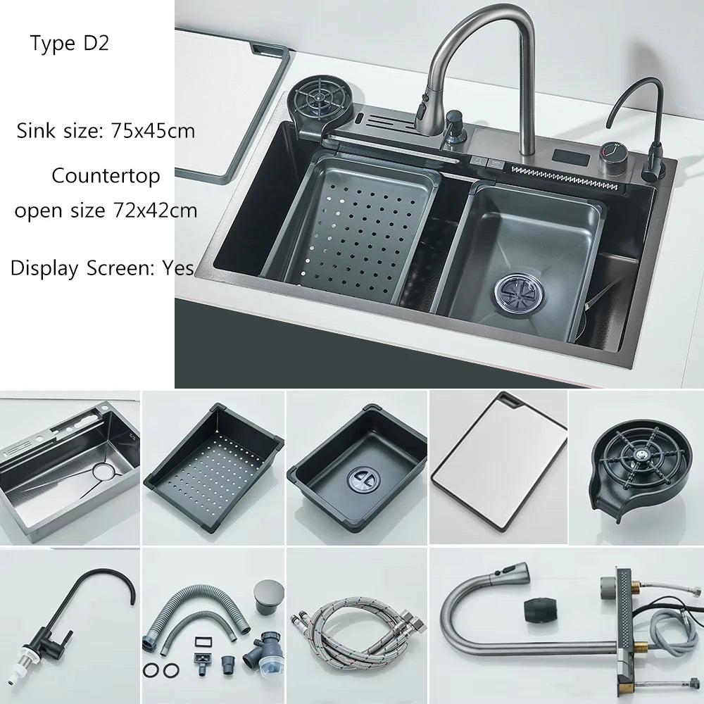 Brushed Golden Smart Digital Display Integrated Kitchen Sink Set Waterfall/Rainfall Water Purifier Soap Dispenser Cup Washer