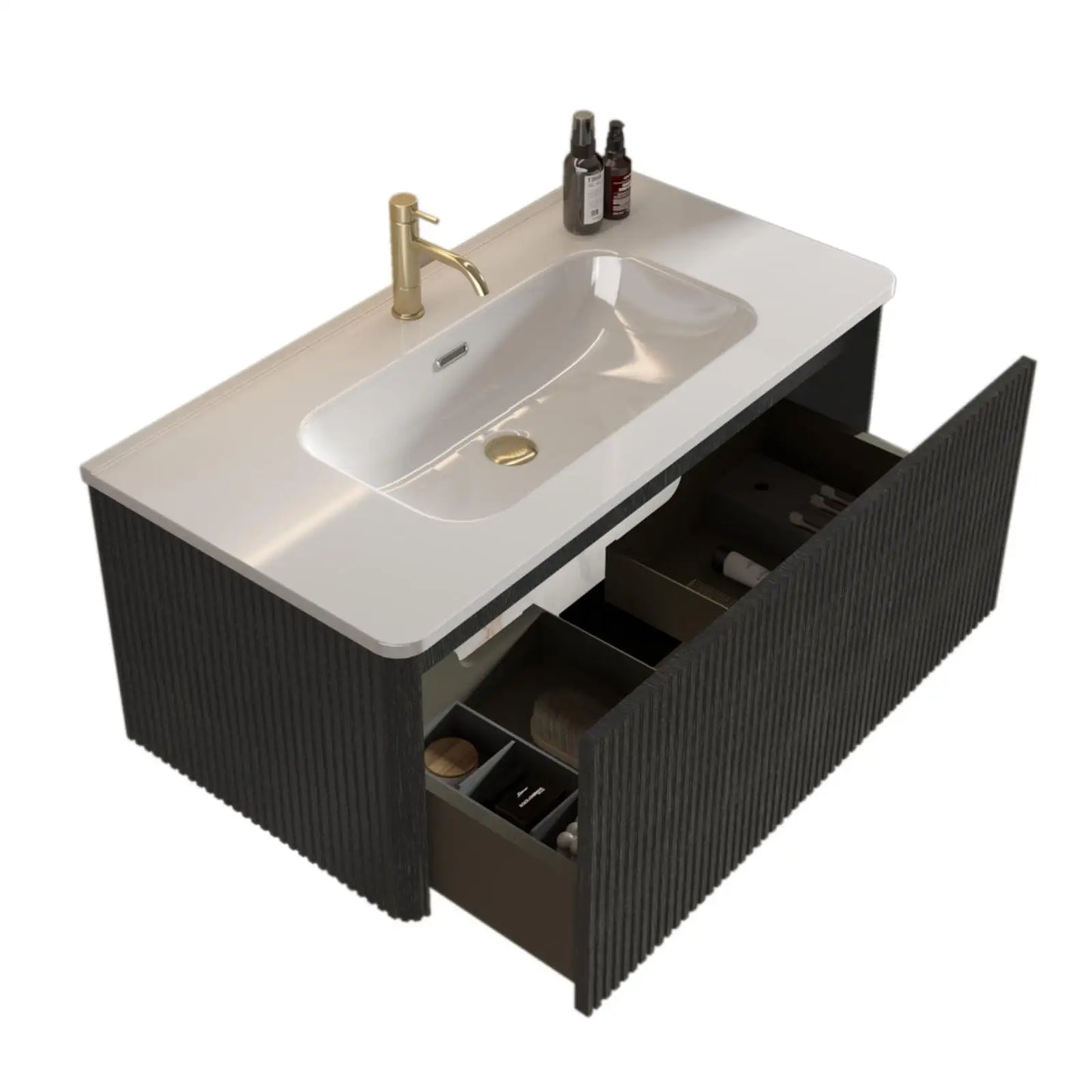 Brushed Black Oak Bathroom Vanity 36 Inch Floating Design White Ceramic Sink Included Luxury Sink Cabinet for Bathroom Remodel