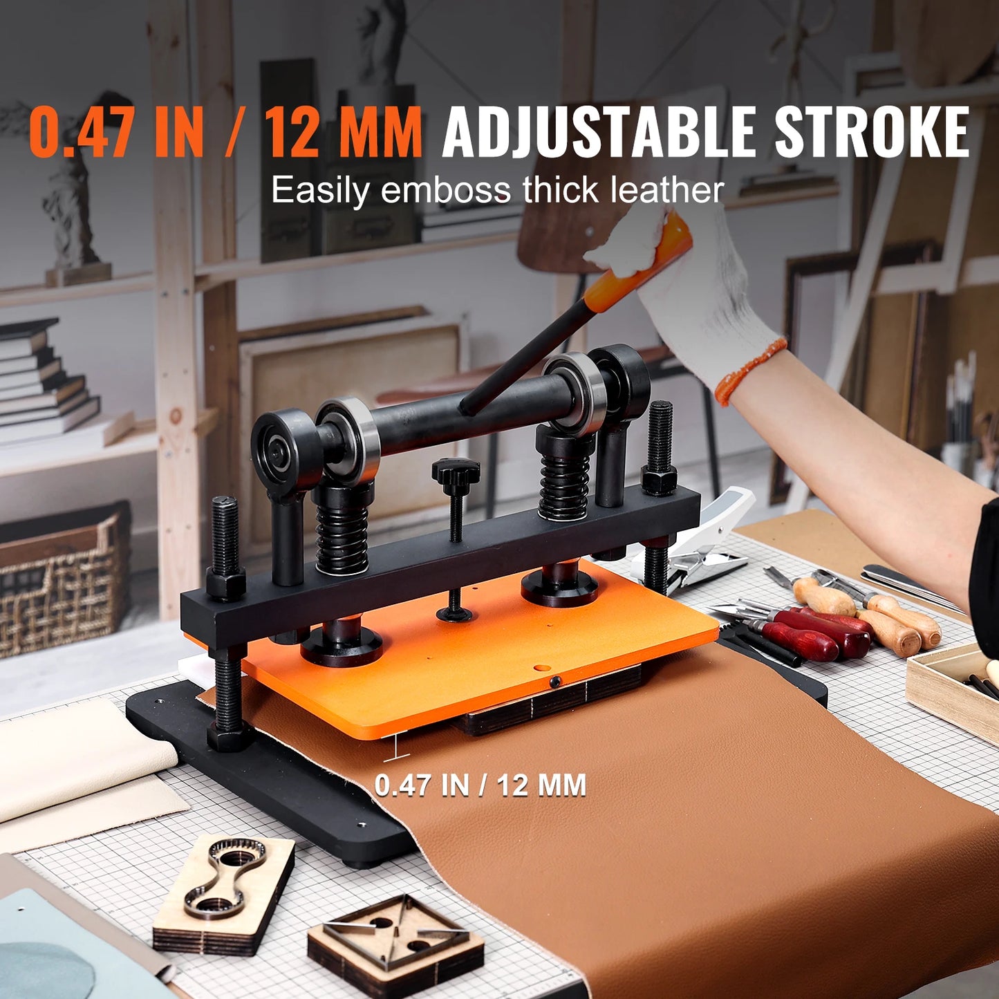 SucceBuy Leather Cutting Machine Embossing Plate Manual Die Cutter 0.47 in Pressure Stroke Leather Embossing Machine