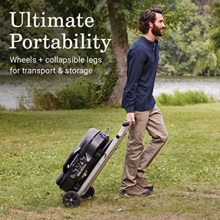 RoadTrip 285 Portable Stand-Up Propane Grill for outdoor cooking, camping, tailgating; stainless steel, black; 3 adjustable bur