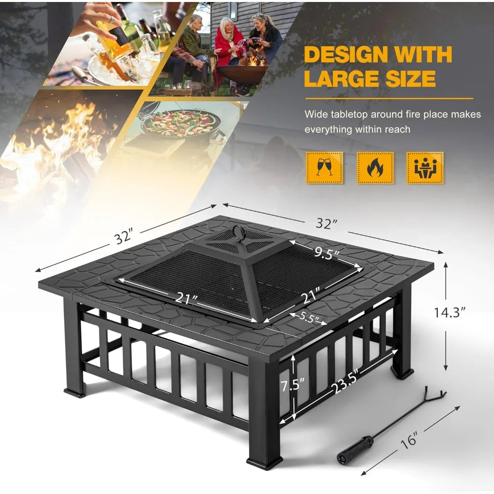 Devoko Outdoor Fire Pit, 32 Inch Firepit Table Metal Outdoor Fireplaces with Waterproof Cover for Outside Patio Camping (Black)