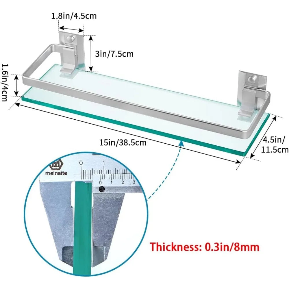 2-Pack Tempered Glass Bathroom Shelf with Rail, 15" x 4.5" Rectangular Shower Caddy, Wall Mounted Floating Shampoo Holder for La