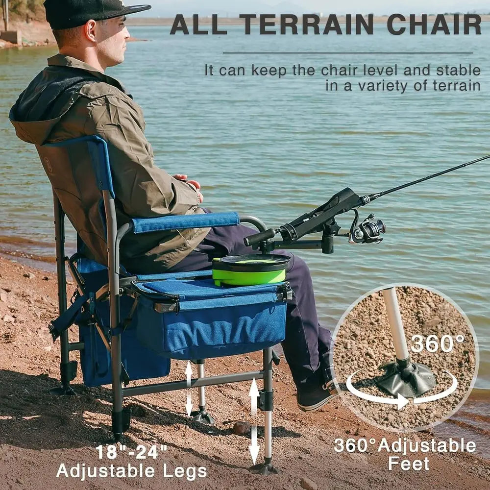 Portable All-Terrain Fishing Chair with Rod Holder, Cooler, Adjustable Feet, Mesh Back, and Shoulder Strap 350LBS