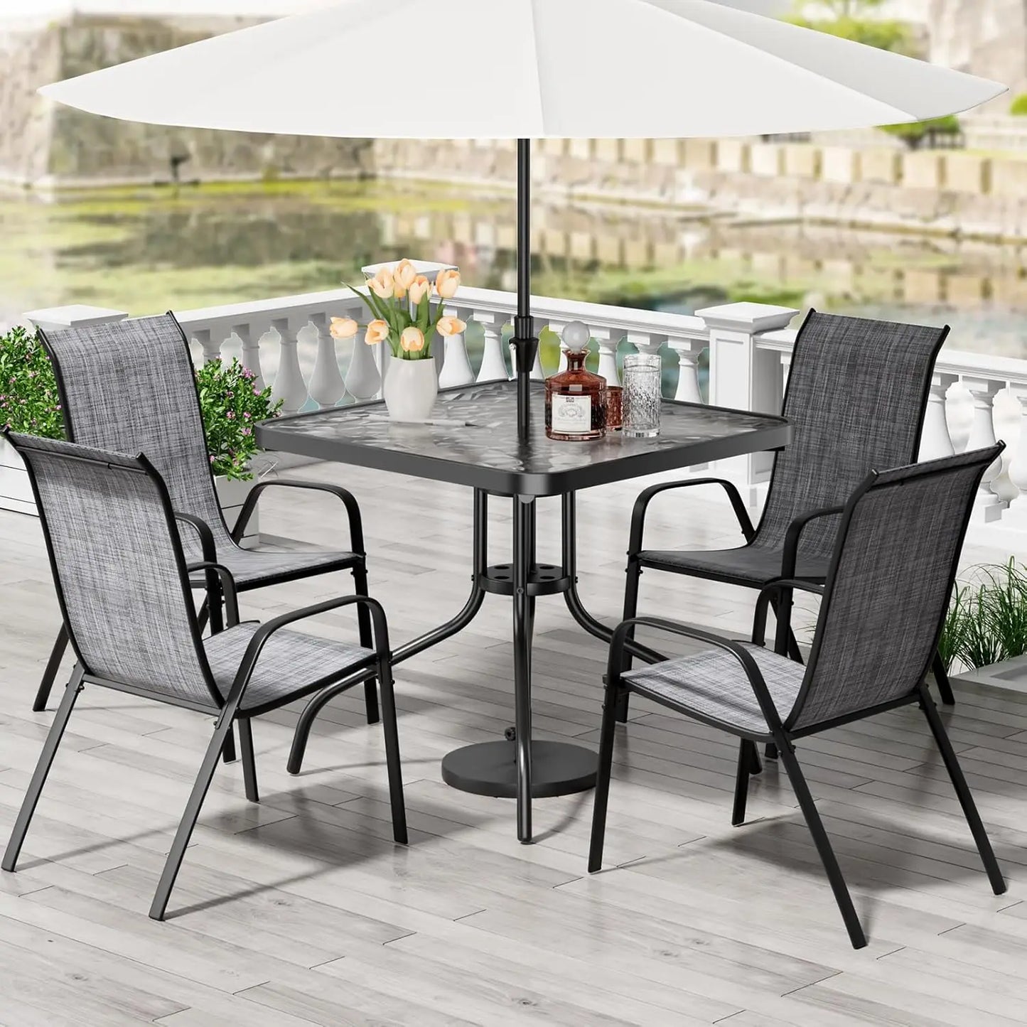 Patio Dining Set 5 Pieces, All Weather Outdoor Furniture W/30"X 30" Table and 4 Stackable Textilene Chairs, Metal, Customized