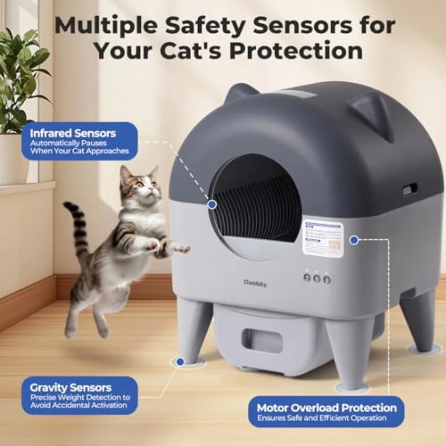 Extra Large Automatic Litter Box for Multiple Cats with Smart APP Control Low Noise Safety Sensors Anti-Track Mat Odor-Free Gra