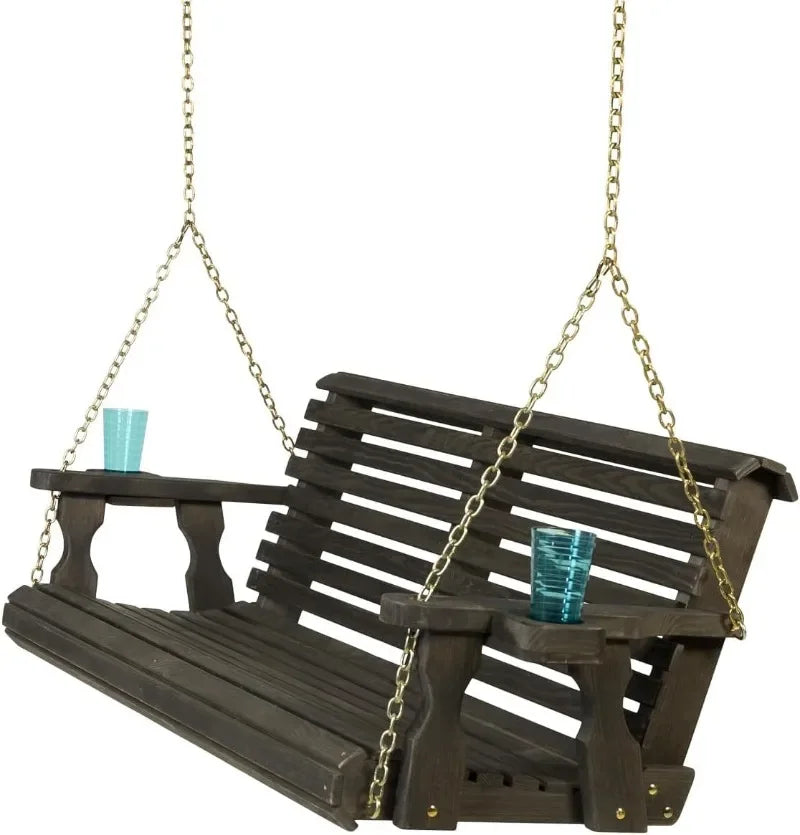 Amish Casual Heavy Duty 700 Lb Capacity Porch Swing with Cup Holders (4 Foot, Cedar Stain) – Wooden Outdoor Roll Back Swing