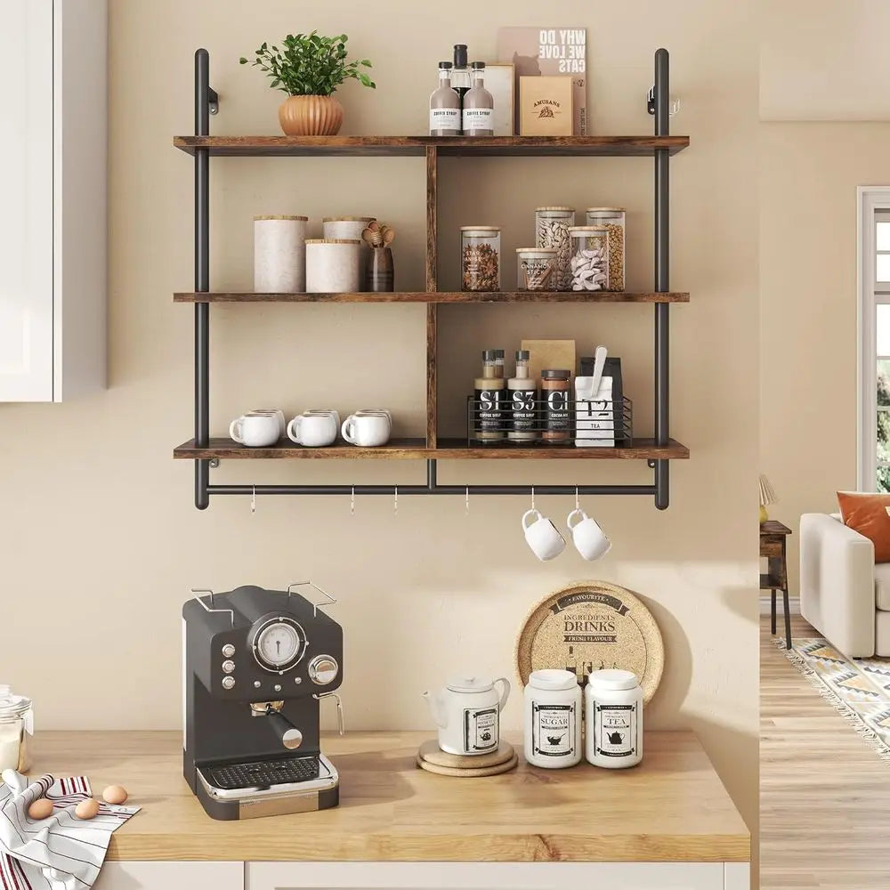 41.5" loating Shelves or Wall 3 Tier Kitchen Shelves Wall Mounted Coee Bar Shel Hanging Shel with 8 Hooks, Industrial Display Pi
