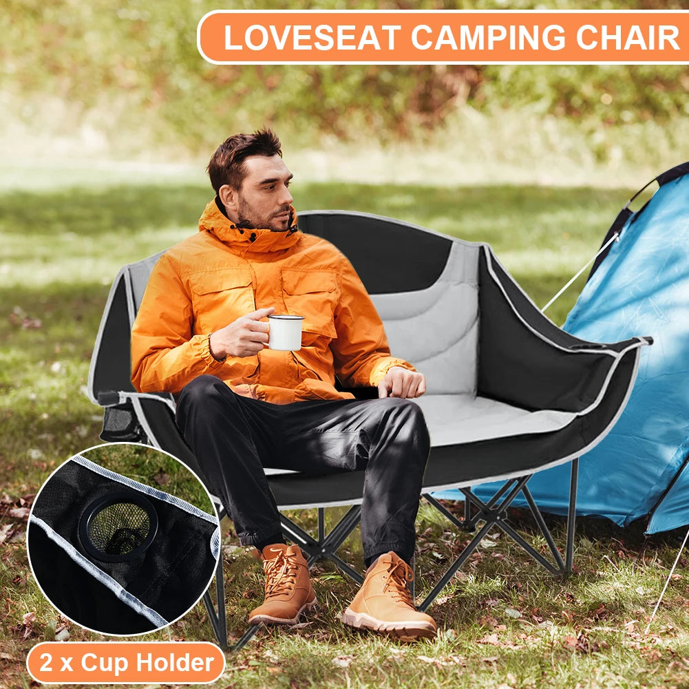 Double Camping Chair Folding Loveseat Chair with Cup Holder and Carry Bag Portable Camping Bench Padded Lawn Chairs for Adults